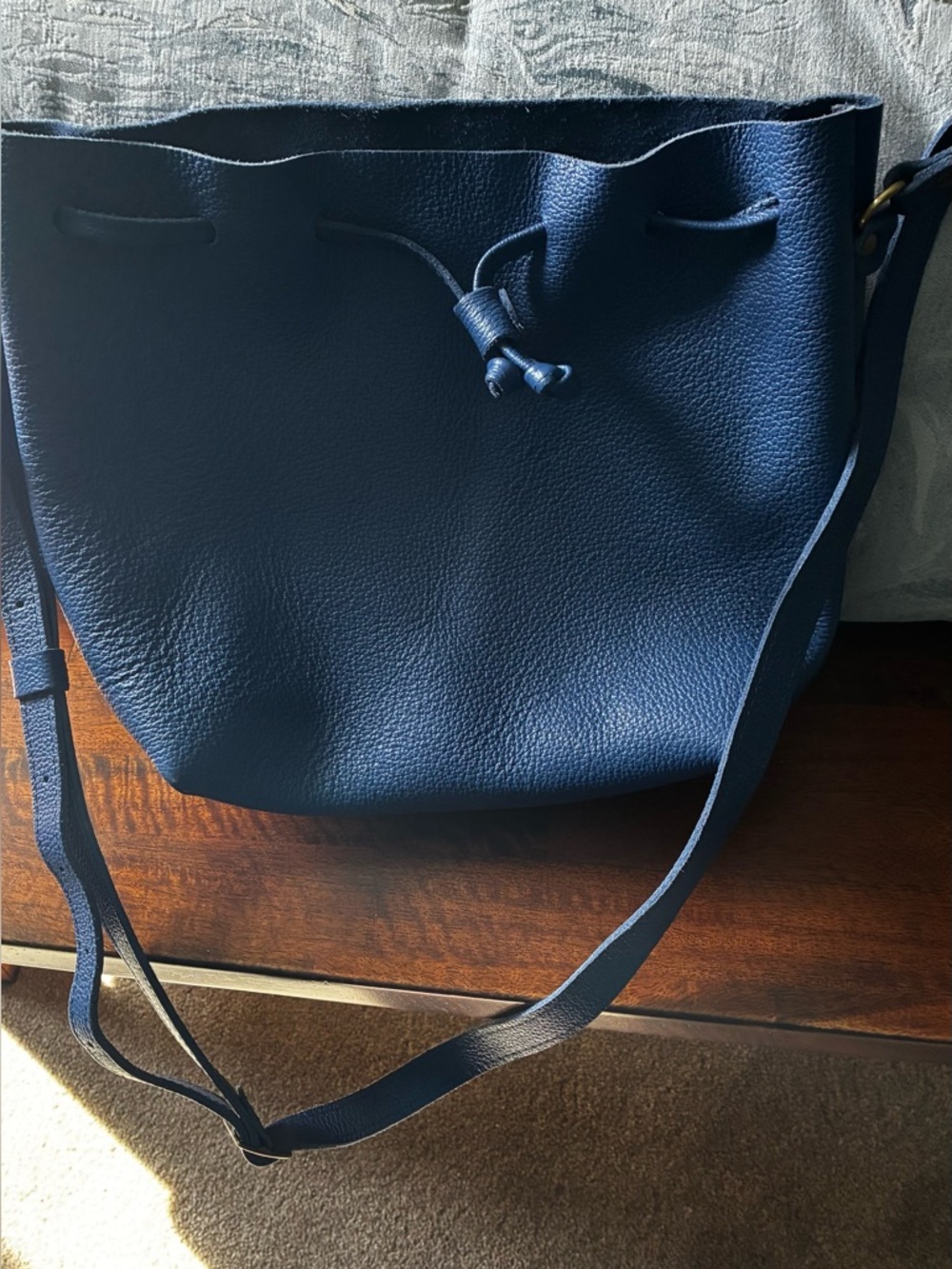 Blue Leather Drawstring Bucket Bag - Portland leather